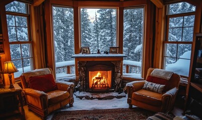 Fototapeta premium Fireplace, snowy window view, two chairs.