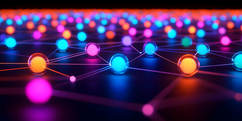 3D Render of a Network of Glowing Spheres with Interconnecting Lines in a Dark Setting