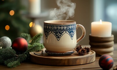 Fototapeta premium Steaming mug, candle, ornaments, and pine.