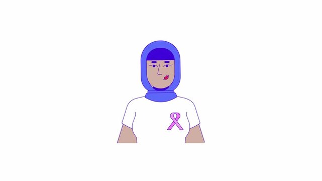 Muslim hijab woman wearing tshirt solidarity ribbon 2D character animation. Hope cartoon 4K video, alpha channel. Breast cancer awareness tee female arab headscarf animated person on white background