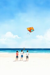 Obraz premium Children enjoying a colorful kite flying on a sunny beach.