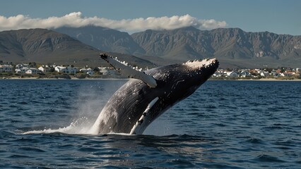 A majestic whale breaching the water with the Hermanus coastline in the background.