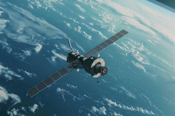 Naklejka premium Spacecraft is orbiting earth transmitting data with solar panels deployed