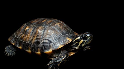 Fototapeta premium A turtle with a black, brown, and yellow shell looks to the right.