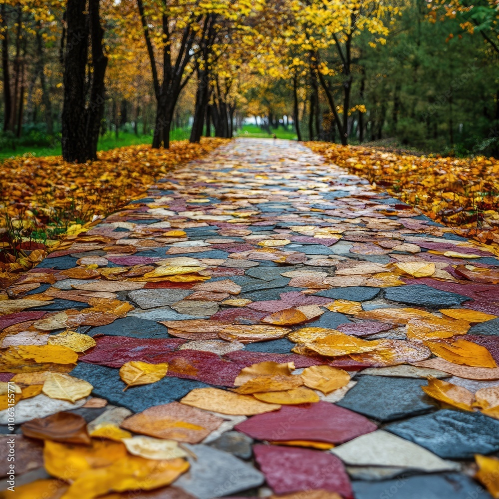 Wall mural Autumn park pathway covered in a colorful mosaic of fallen leaves 