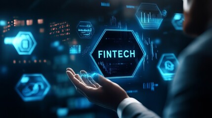 Businessman with projection of financial technologies "FINTECH"