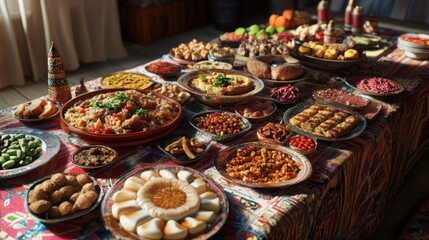 Fototapeta premium Festive table with Uzbek dishes like plov, non, and various skewers, creating a traditional feast