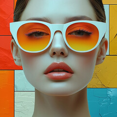 A close-up of a woman in oversized sunglasses, accented with vibrant orange circles.