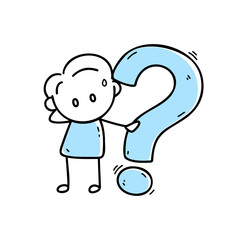Simple line art illustration of a stick figure character with question marks, expressing confusion or curiosity. Ideal for concepts like inquiry, doubt, or problem-solving