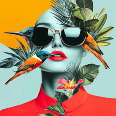 A woman's face with abstract plant elements and birds, blending fashion and nature in a surreal style.