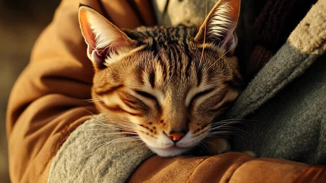 cat sleeping at his owner hands