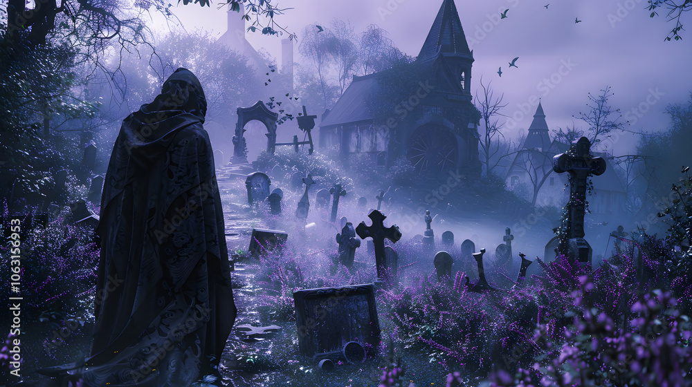 Wall mural Grim reaper with haunted, creepy graveyard. Digital art