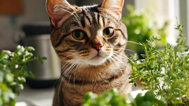 Tabby cat with an sitting among potted herbs on a kitchen counter