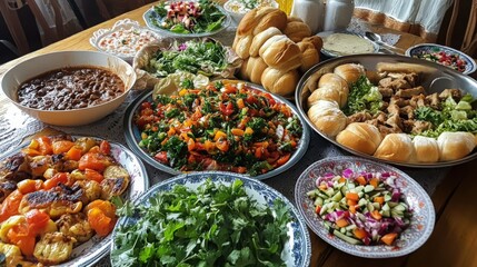 Fototapeta premium Large Uzbek family meal featuring colorful salads, bread, and a variety of traditional dishes