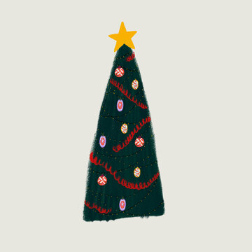 Hand drawn Christmas tree with festive decorations