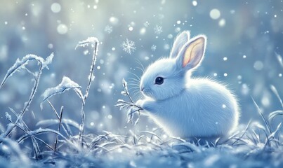 Obraz premium Snowy winter scene with white rabbit.