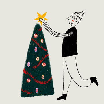 Festive holiday character decorating a Christmas tree