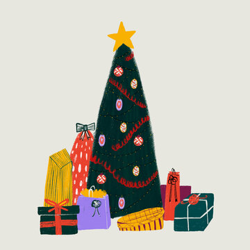 Festive Christmas tree illustration with gifts