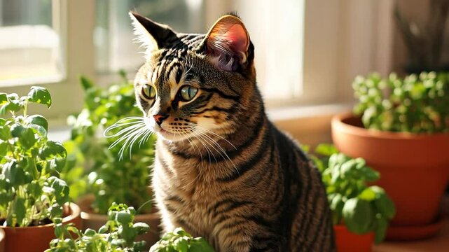 Tabby cat with an sitting among potted herbs on a kitchen counter