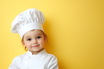 Cute child wearing chef uniform and toque on yellow background