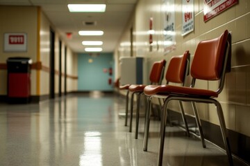 Empty Hospital Corridor with Red Chairs Highlighting Calmness and Anticipation