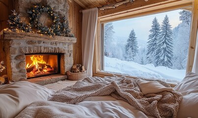 Fototapeta premium Cozy cabin bedroom with fireplace and snowy view.