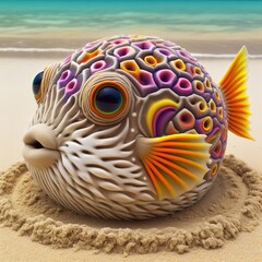 Pufferfish creating elaborate sand art patterns with a sense of