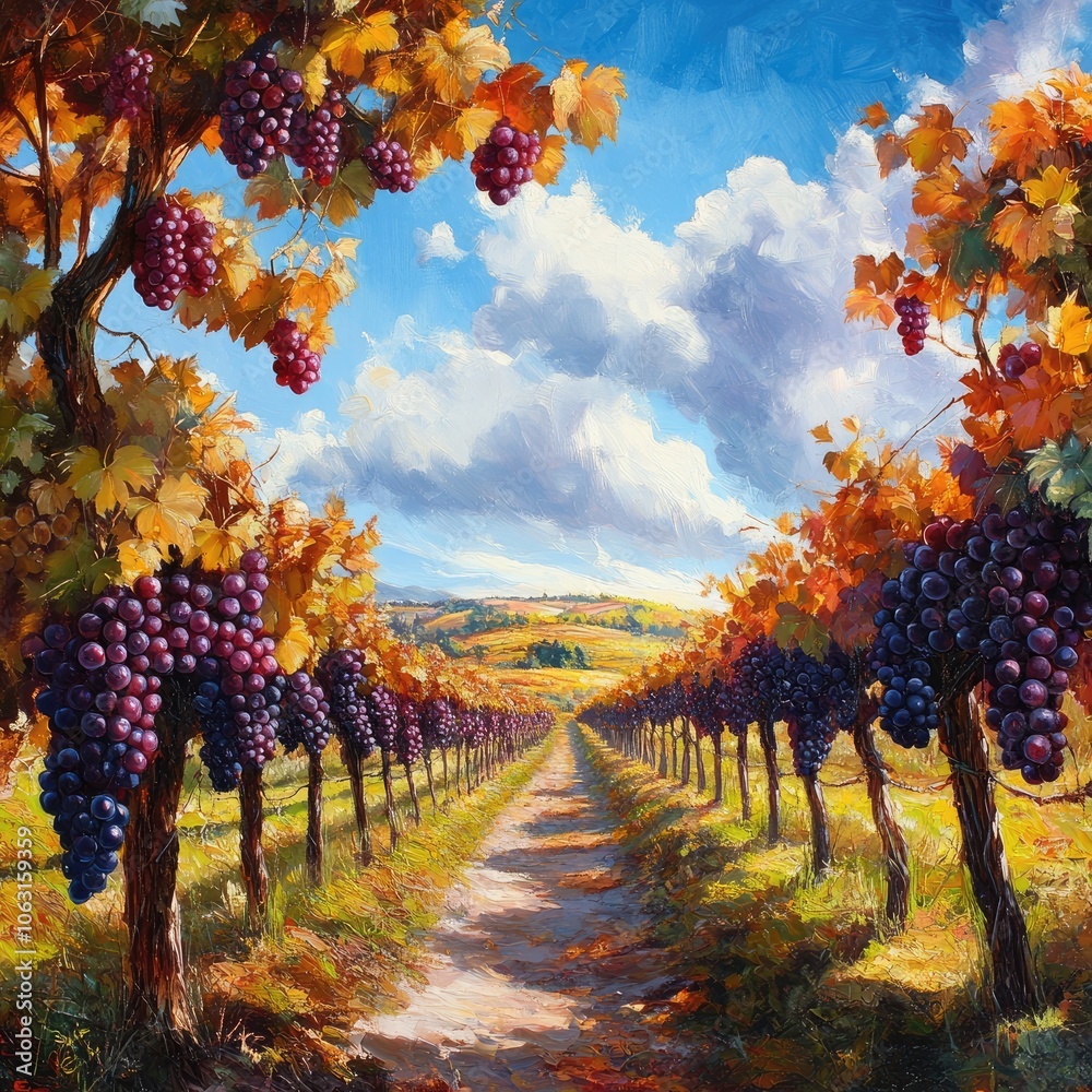 Wall mural Autumn vineyard with ripe grapes ready for harvest 