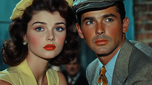 A woman and a man with blue eyes gaze into the distance