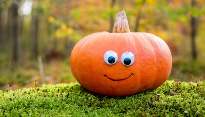 A Happy Pumpkin With Googly Eyes Rests on Moss in Autumn and Copy Space
