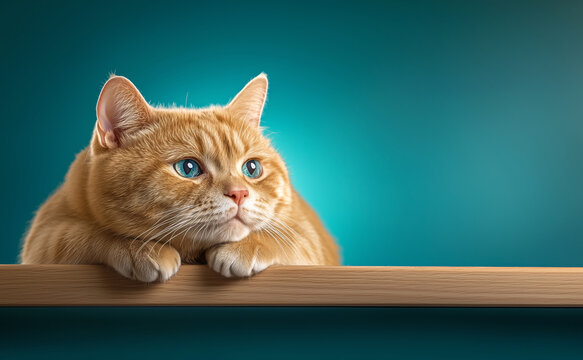 Orange tabby cat resting on a wooden shelf against a turquoise background in a cozy indoor space