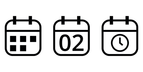 Simple outline calendar icons isolated on transparent background, calendar icon with specific day marked, day 02.