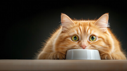 A curious ginger cat stares intently at its food bowl in a cozy indoor setting during evening hours