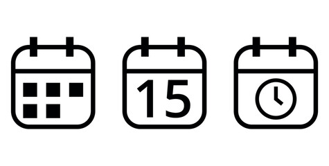 Simple outline calendar icons isolated on transparent background, calendar icon with specific day marked, day 15.