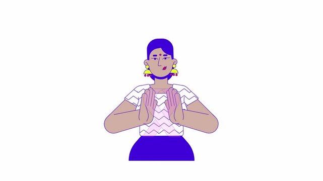 Hindu woman holding pink ribbon awareness 2D character animation. Health cartoon 4K video, alpha channel. Breast cancer survivor female indian adult with bindi animated person on white background