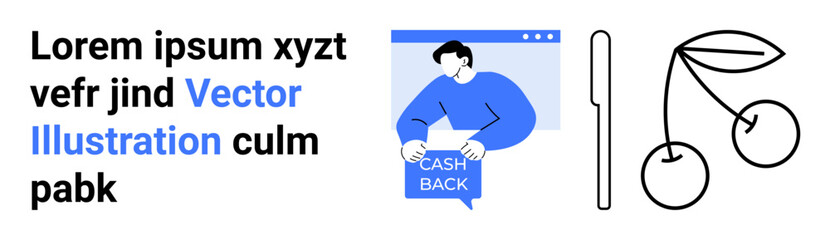 Man holding cashback sign, minimalist cherry fruit outline, and placeholder text block. Ideal for e-commerce, financial services, cashback promotions, minimalistic designs, web banners, marketing
