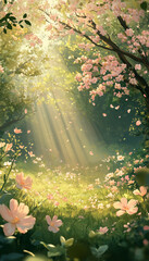 Phone wallpaper of a blossoming garden with delicate flowers in pastel pinks, soft greens, and light yellows, bathed in gentle sunlight;