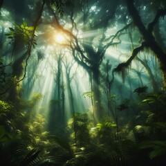 Rainforest Canopy A dense rainforest canopy with rays of sunligh