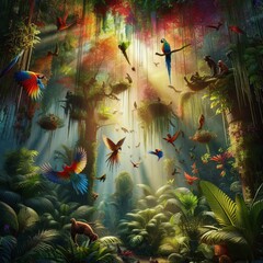 Rainforest Canopy A room with a vibrant colorful canopy featurin