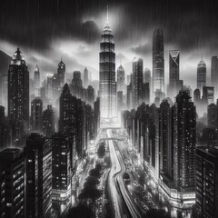 Rainy Night City A black and white photograph of a cityscape on