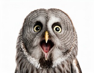 Obraz premium 驚いているフクロウ（Surprised Ural owl on white background） 
