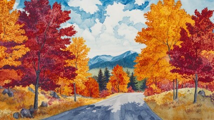 Fototapeta premium A scenic mountain drive through brilliant autumn trees,