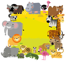 Naklejka premium cartoon scene with frame border template with african animals and nature like elephant ape cat cheetah bird flamingo alligator crocodile hyena and other with space for text illustration for children