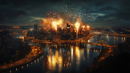 Aerial view of fireworks bursting over city skyline, reflecting in river water below 