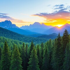 Fototapeta premium A breathtaking sunset over a lush mountain landscape with evergreen trees.