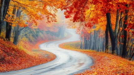 A serene mountain road winding through bright autumn leaves,
