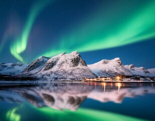 Naklejka premium Spectacular Northern Lights Illuminating Snowy Mountains and Serene Water in Norway During Winter Night