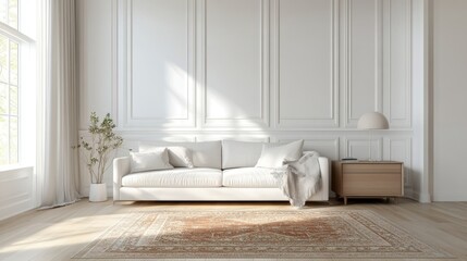 A serene white living room with a comfortable sofa,