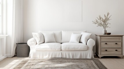 Obraz premium A serene white living room with a comfortable sofa,