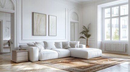 Fototapeta premium A serene white living room with a comfortable sofa,